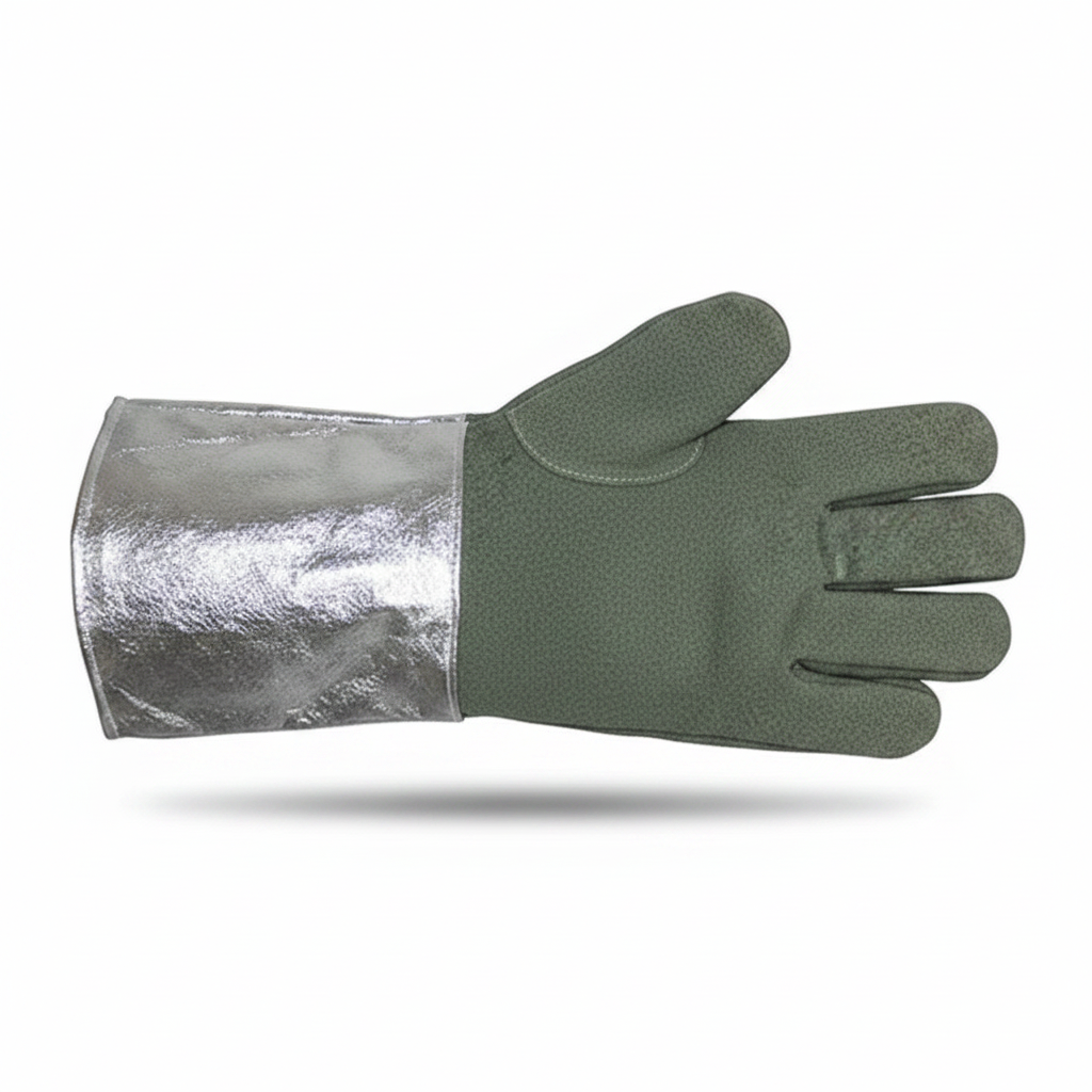 Guante de seguridad GERF SAFETY verde de aramida y fibra de carbono con protección de muñeca aluminizada hasta 1000C