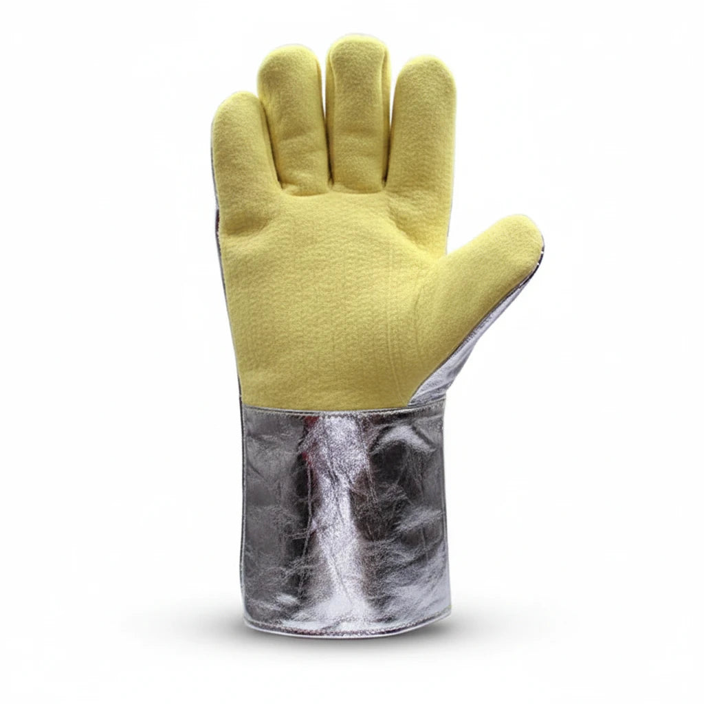 Guantes de seguridad GERF SAFETY amarillos de aramida y aluminio con palma reforzada para alta resistencia al calor.