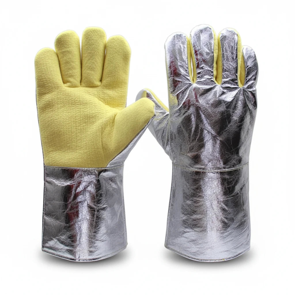 Guantes GERF SAFETY resistentes al calor hasta 500C, fabricados en aramida amarilla y lámina de aluminio reflectante.