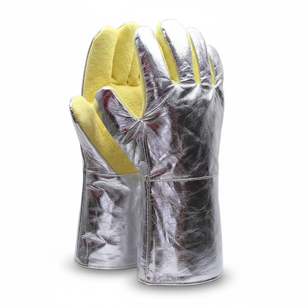 Guantes de seguridad GERF SAFETY resistentes al calor hasta 500°C, fabricados en aramida amarilla y lámina de aluminio.