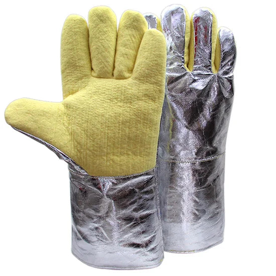 Guantes GERF SAFETY de aramida amarilla y lámina de aluminio, resistentes a 500°C con palma reforzada y costuras Kevlar.