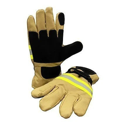 Guantes de bombero estructurales GERF SAFETY de aramida color khaki con refuerzos negros y bandas reflectantes.