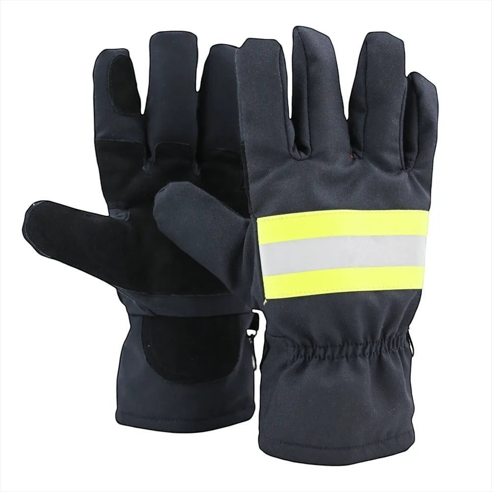 Guantes de bombero estructurales GERF SAFETY en color azul oscuro con bandas reflectantes y puño elástico.