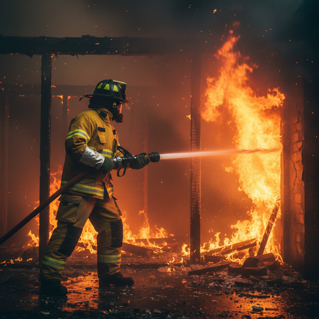 Bombero con equipo de protección GERF SAFETY usando guantes resistentes al calor de 1000°C en una emergencia de fuego