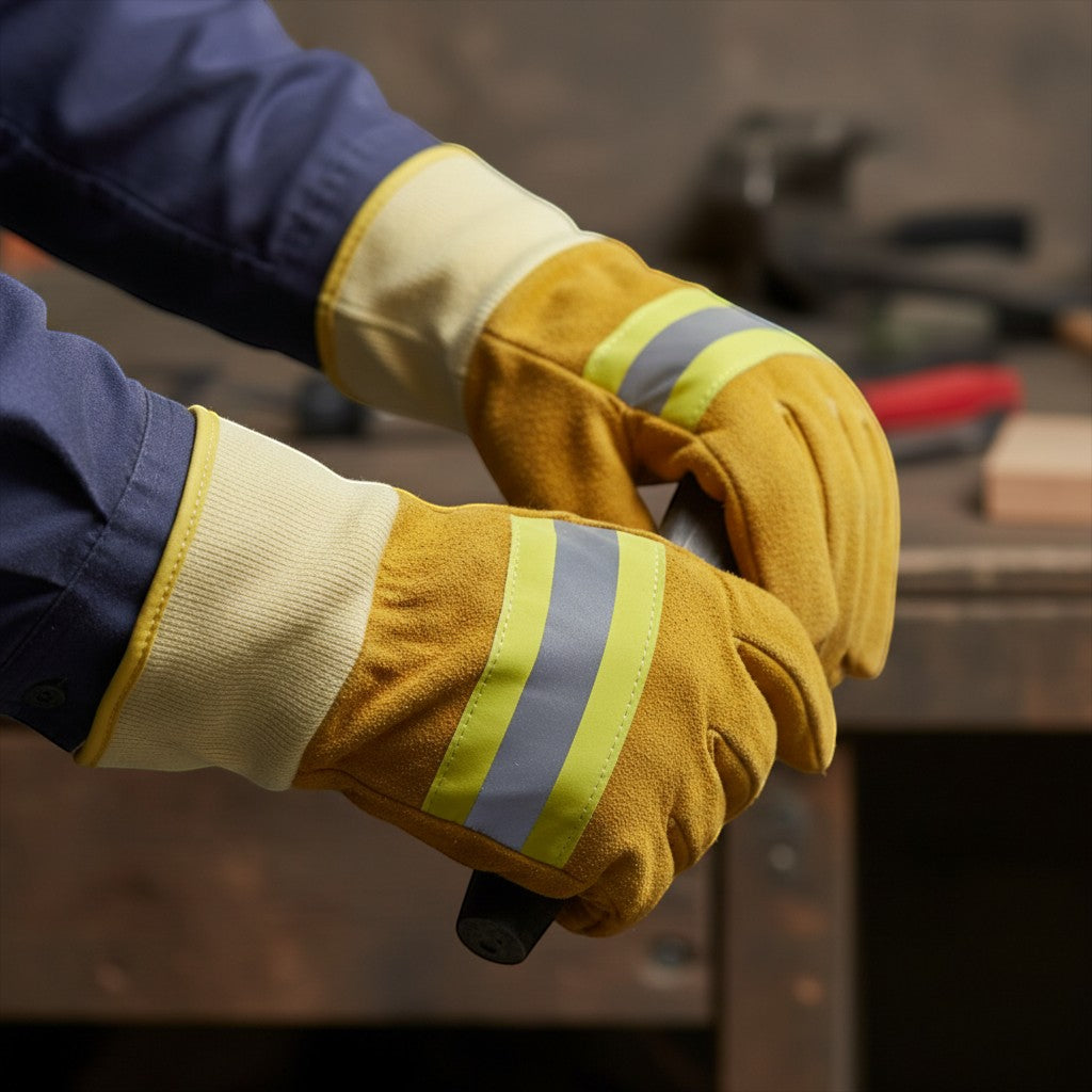 Guantes de bombero GERF SAFETY de cuero amarillo con puño de aramida, tira reflectante 3M y certificación EN 659.