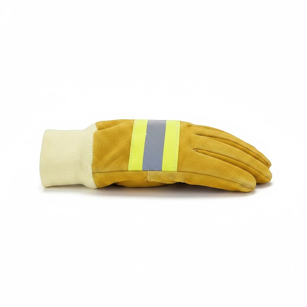 Guantes de bombero GERF SAFETY de cuero amarillo con puño de aramida y banda reflectante 3M, certificados EN 659.