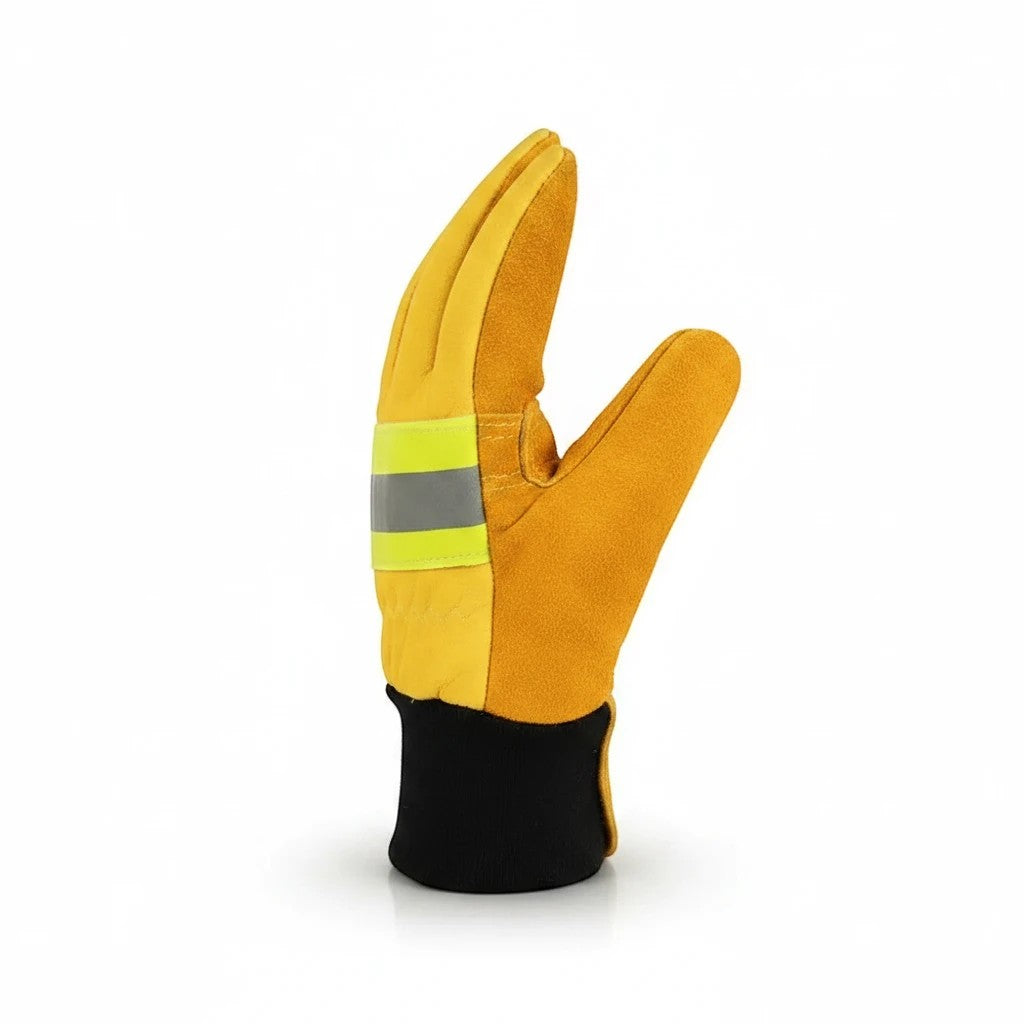Guantes de bombero GERF SAFETY amarillos de cuero con tira reflectante 3M, certificados EN 659 para protección térmica.