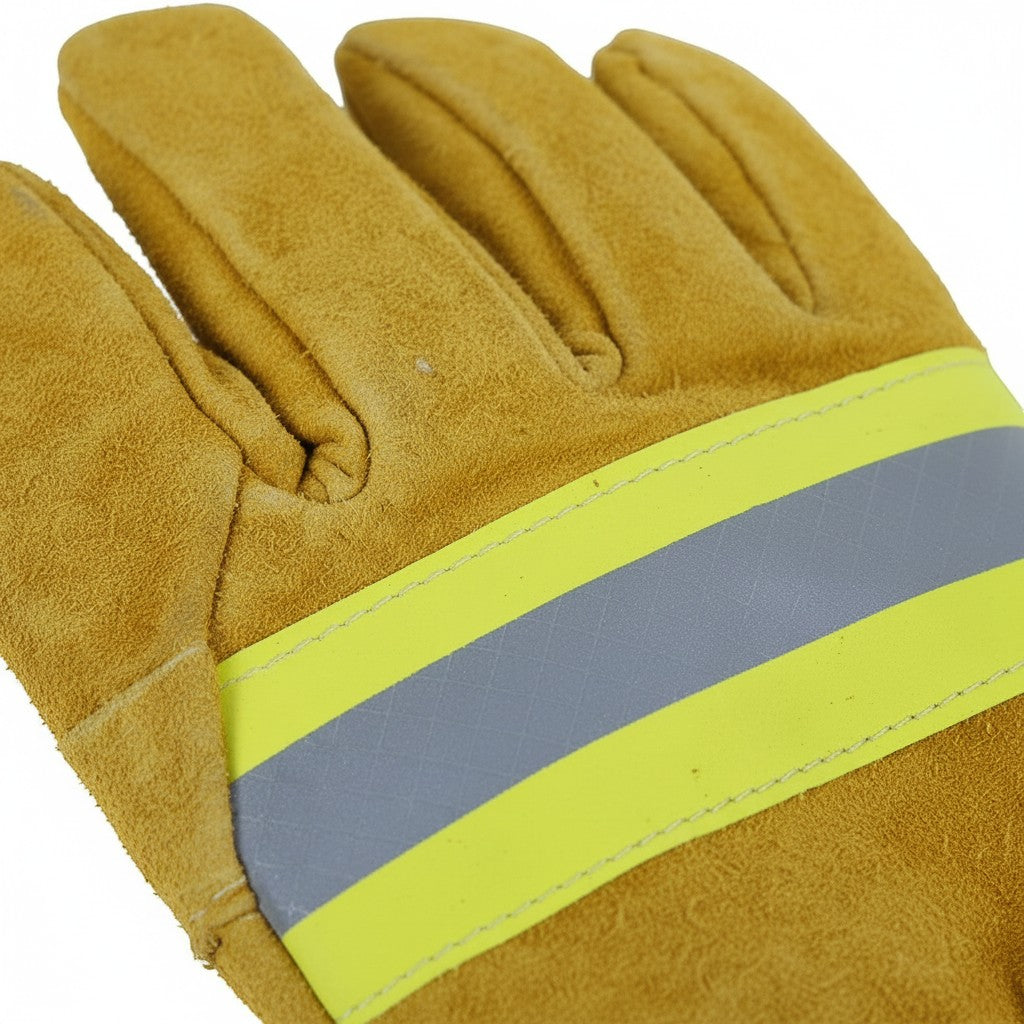Guantes de bombero GERF SAFETY de cuero amarillo con tira reflectante 3M, certificados EN 659 para protección térmica.