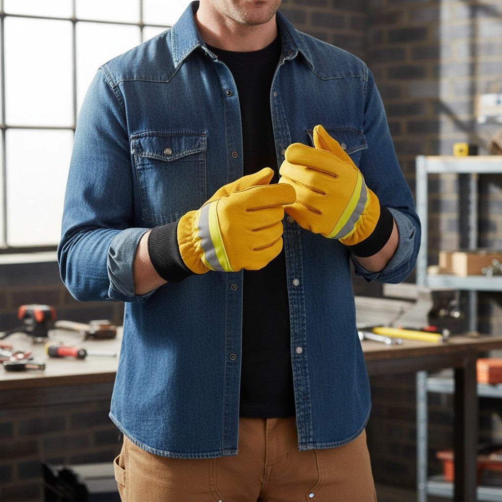Hombre con guantes de bombero amarillos GERF SAFETY de cuero con tira reflectante 3M y puño elástico negro