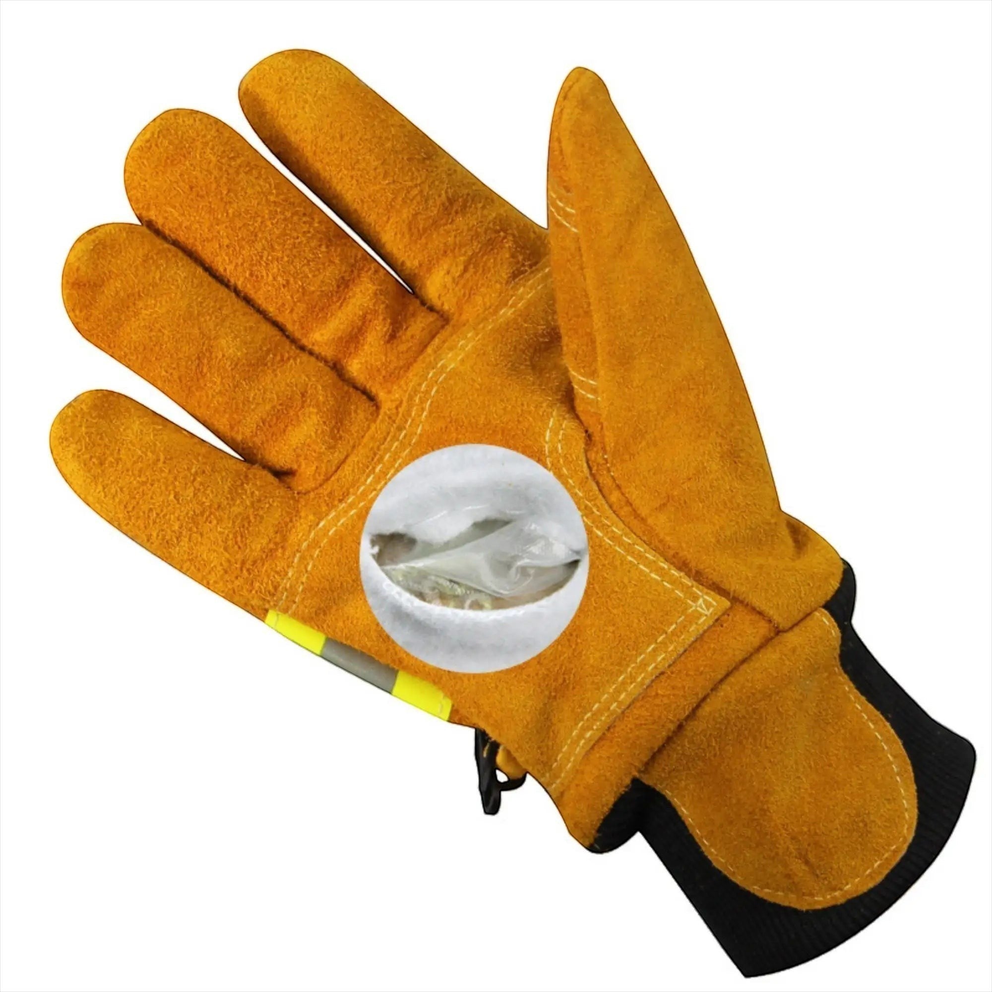 Guantes de bombero GERF SAFETY amarillos de cuero de vaca con capa interna de algodón FR y tira reflectante 3M.