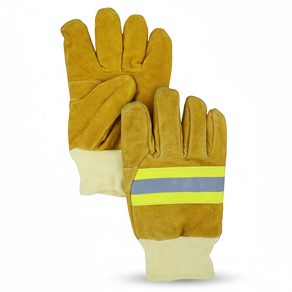 Guantes de bombero estructurales GERF SAFETY de cuero de vaca amarillo con puño de aramida y banda reflectante 3M.