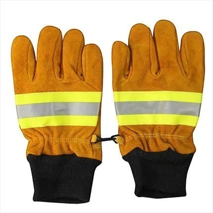 Guantes de bombero GERF SAFETY amarillos de cuero de vaca con tiras reflectantes 3M y puños de algodón ignífugo