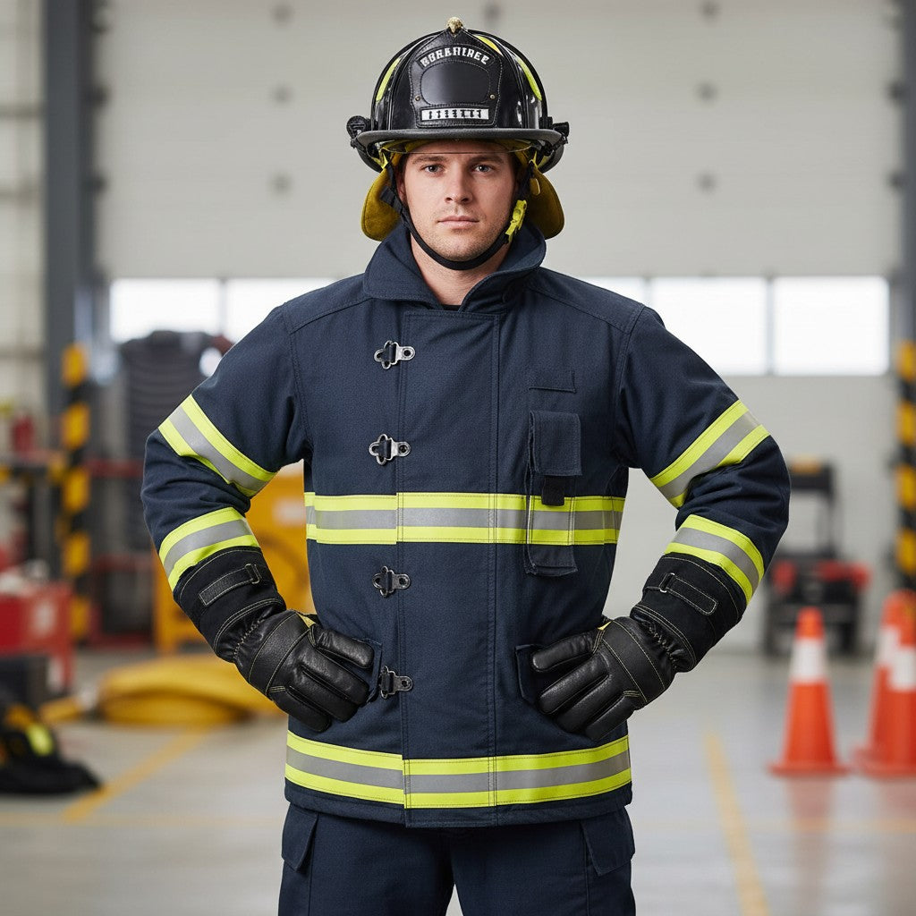 Bombero con uniforme estructural y guantes de cuero negro GERF SAFETY certificados EN 659 en estación de bomberos