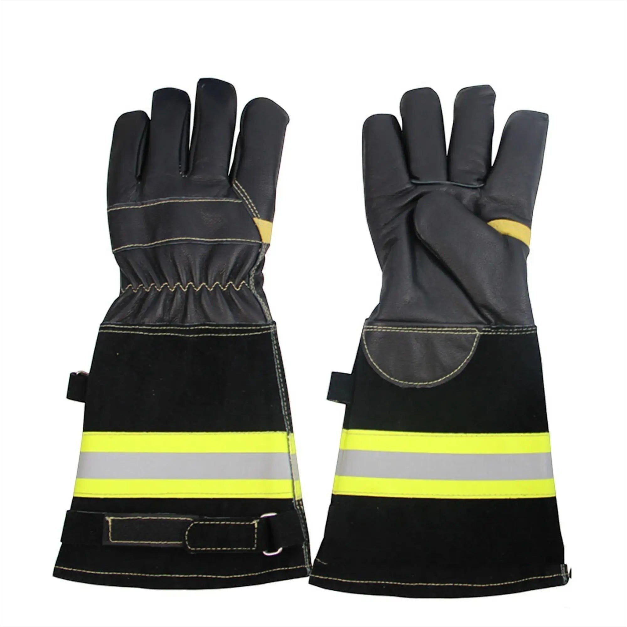 Guantes de bombero GERF SAFETY de cuero negro con tira reflectante 3M, certificados EN 659 para protección estructural.