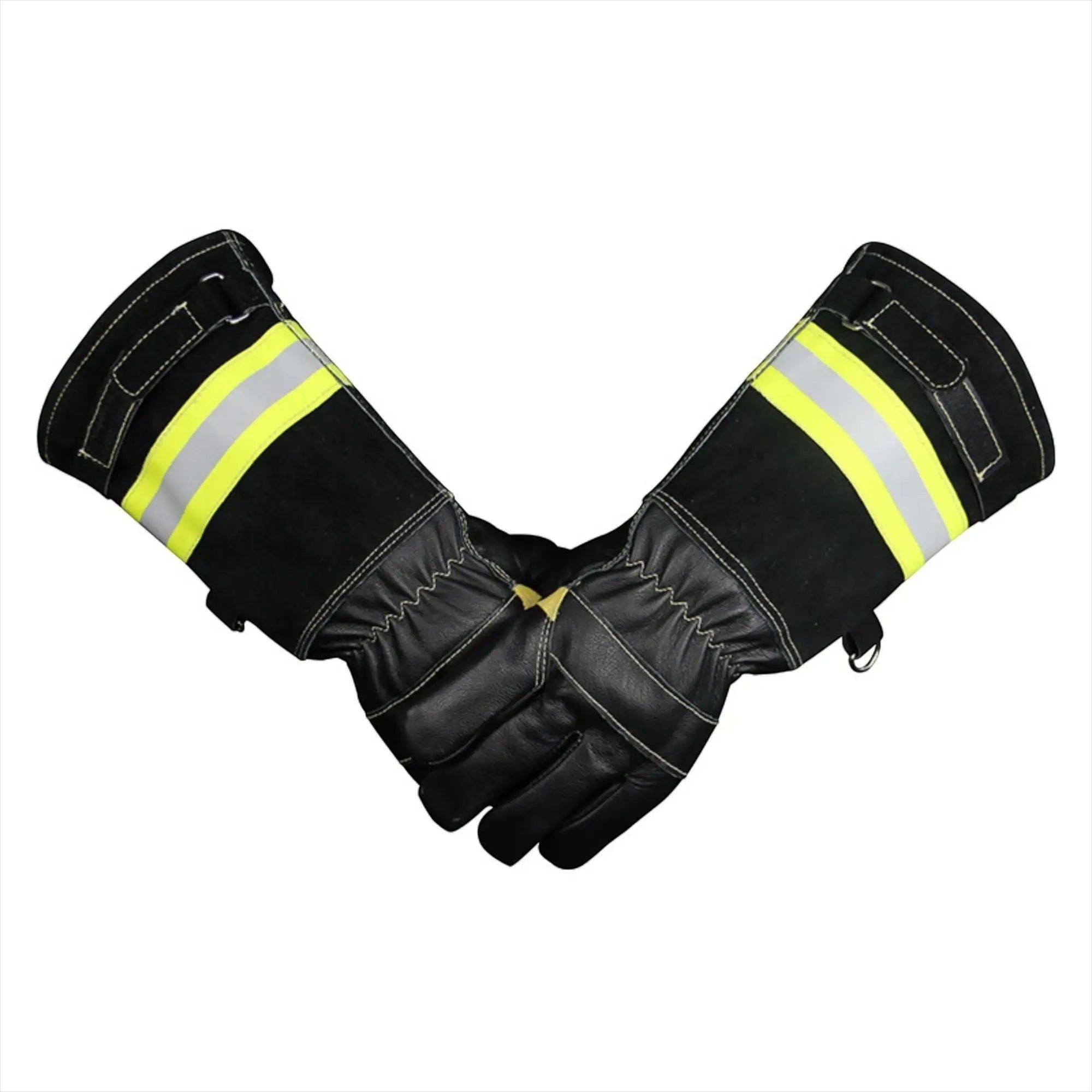 Guantes de bombero GERF SAFETY de cuero negro con barrera PTFE, 38 cm de largo y bandas reflectantes 3M de alta visibilidad