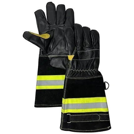 Guantes de bombero GERF SAFETY de cuero negro con tira reflectante 3M, certificados EN 659 para protección estructural.