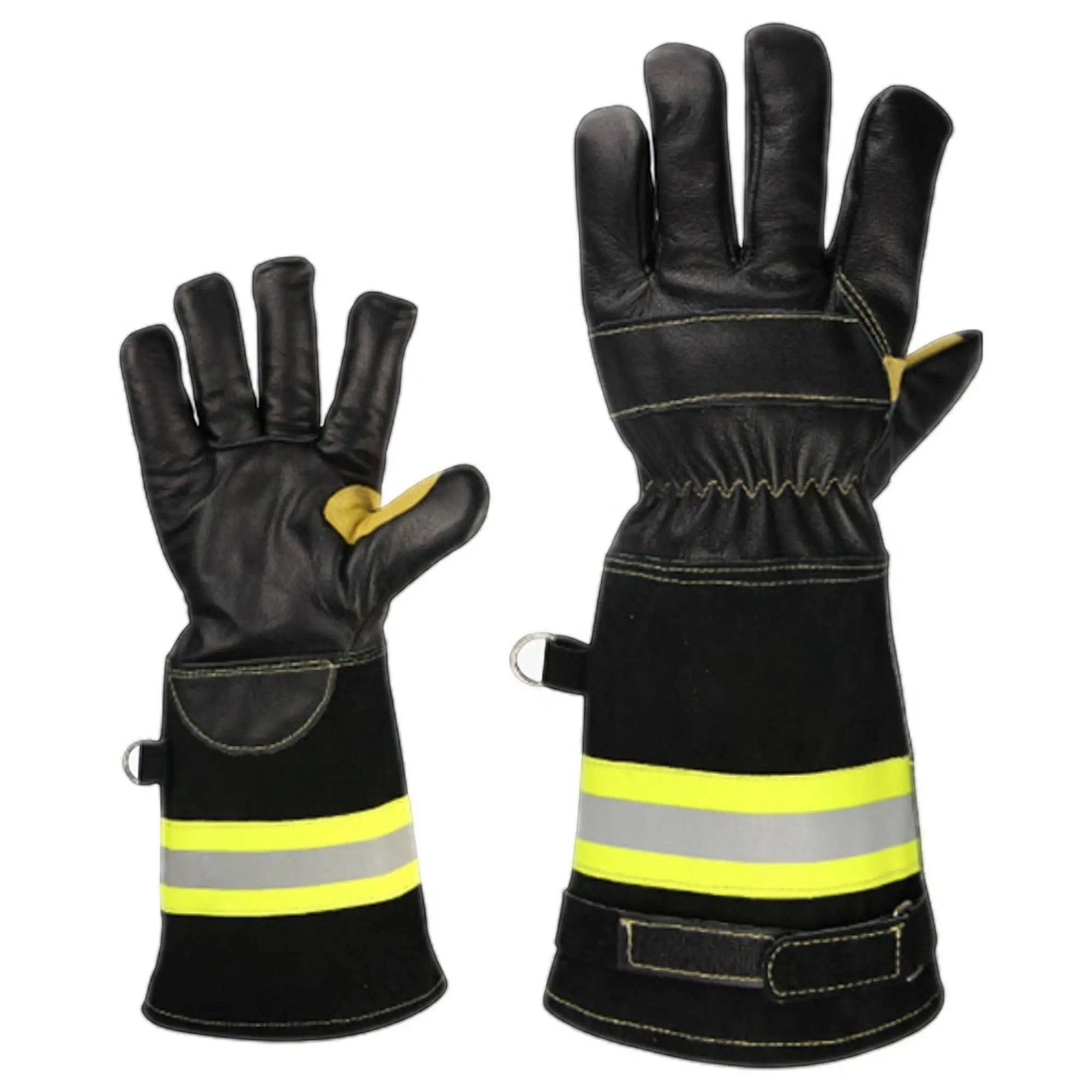Guantes de bombero GERF SAFETY negros de cuero de vaca con tira reflectante 3M, certificados EN 659 y 38 cm de largo.