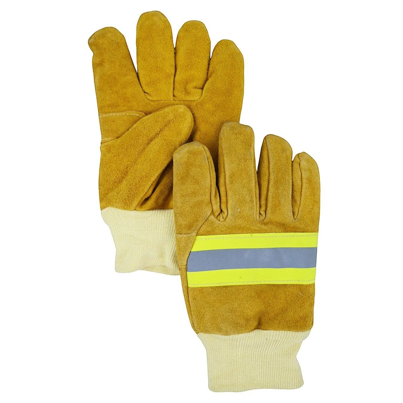 Guantes de bombero GERF SAFETY de cuero amarillo con puño de aramida y banda reflectante 3M, certificados EN 659.