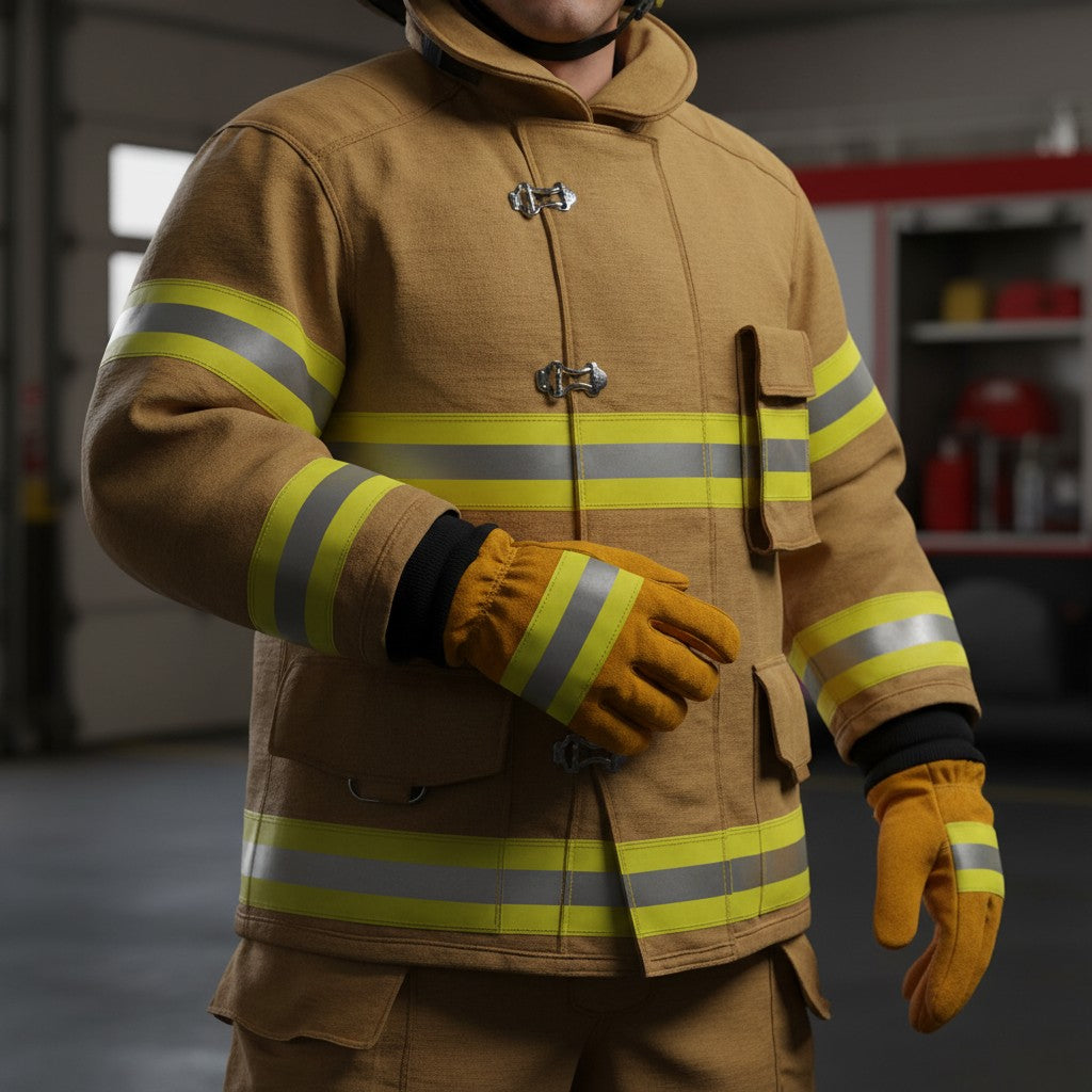 Bombero con uniforme protector y guantes GERF SAFETY amarillos de cuero con tiras reflectantes 3M en estación de bomberos