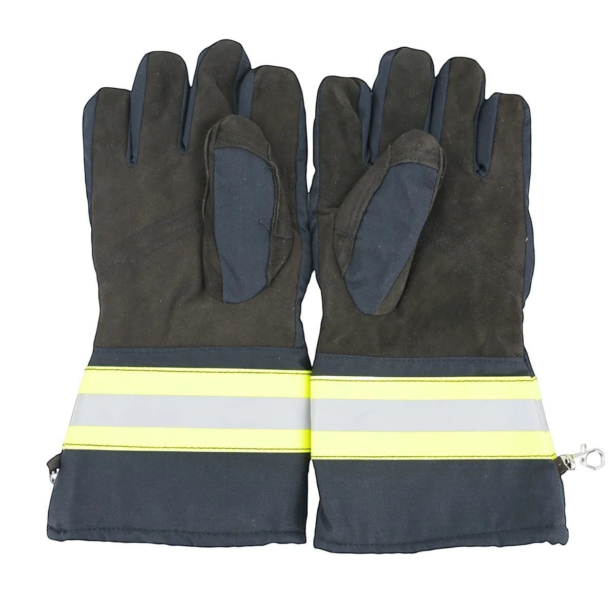Guantes de bombero estructurales GERF SAFETY con palma de cuero, dorso de aramida acolchado y bandas reflectantes.