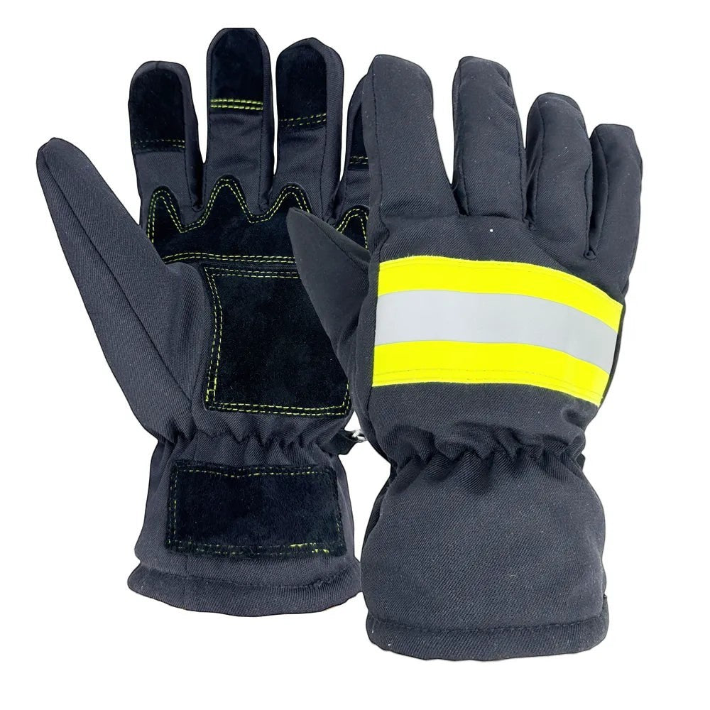 Guantes de bombero estructurales GERF SAFETY de aramida IIIA con puño elástico y bandas reflectantes de alta visibilidad.