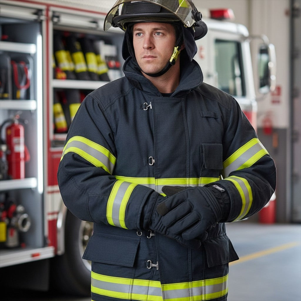 Bombero con equipo de protección GERF SAFETY usando guantes estructurales de aramida y cuero frente a un camión