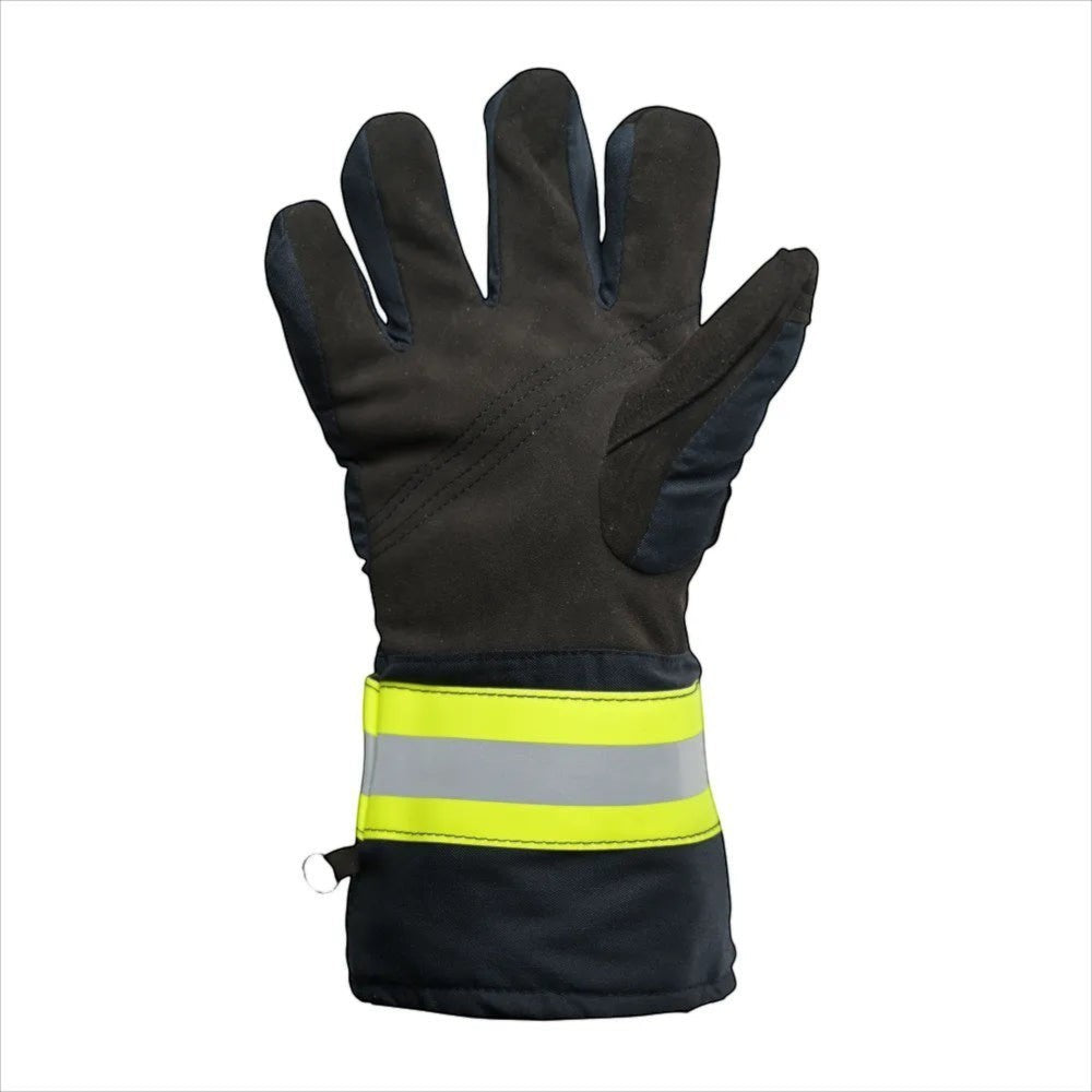 Guantes de bombero GERF SAFETY estructurales con palma de cuero, dorso de aramida acolchado y banda reflectante.