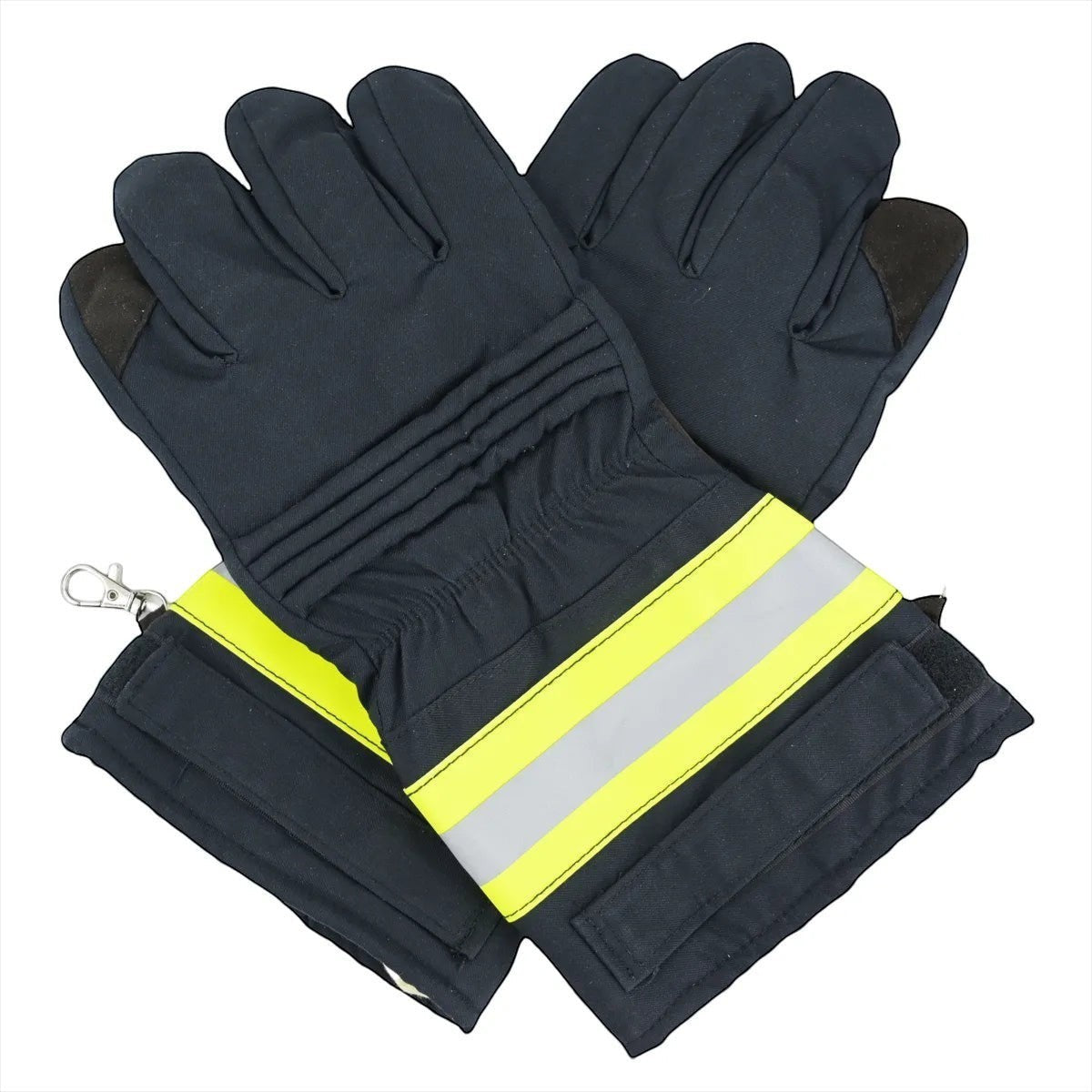 Guantes de bombero estructurales GERF SAFETY en color azul oscuro con bandas reflectantes y diseño ergonómico.