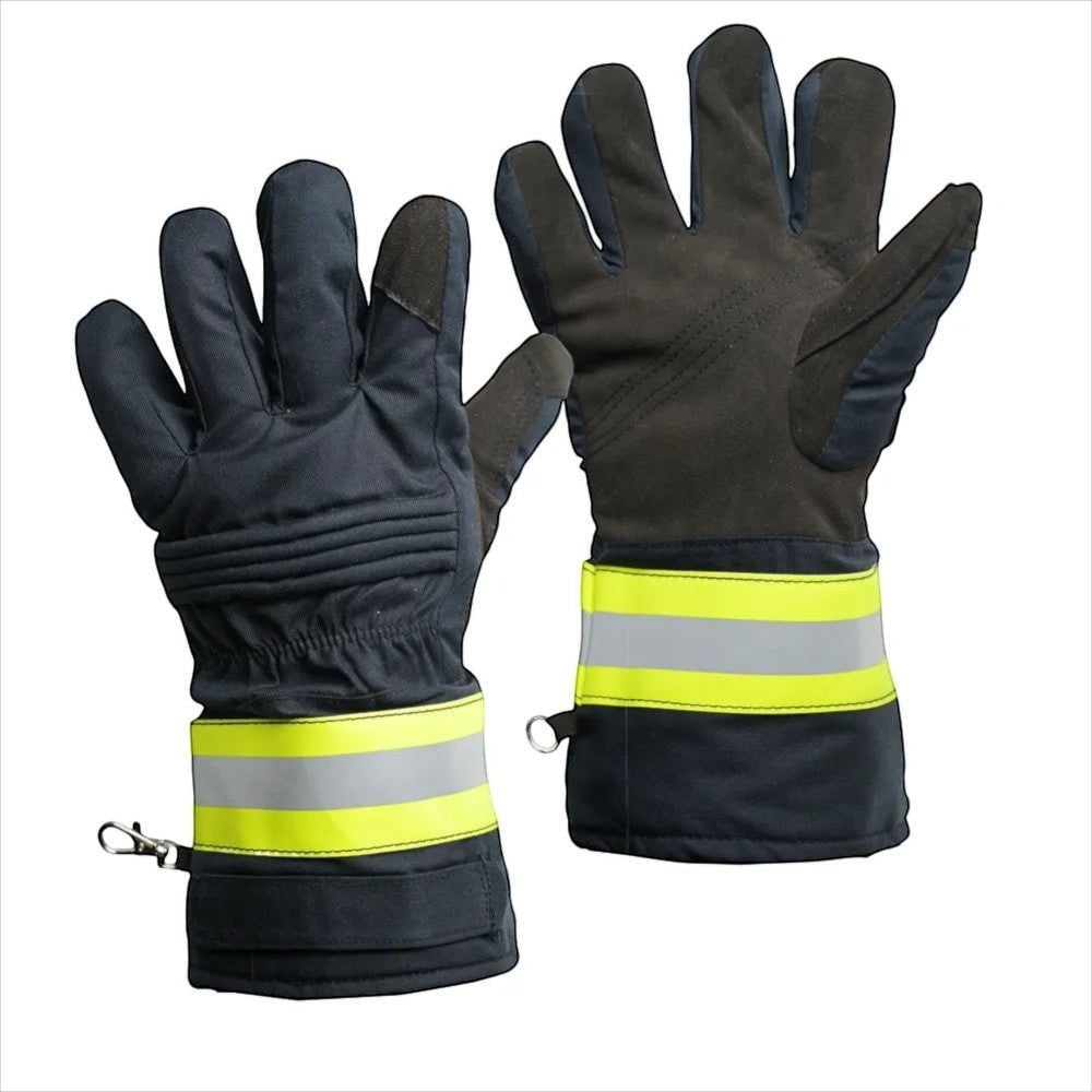 Guantes de bombero estructurales GERF SAFETY en azul oscuro con palma de cuero, dorso de aramida acolchado y reflectantes