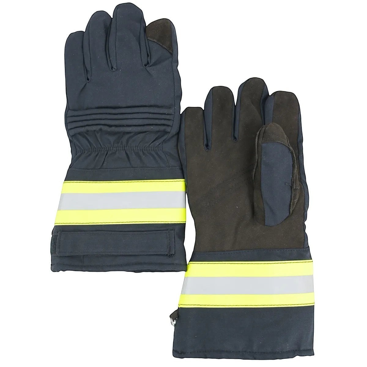 Guantes de bombero estructurales GERF SAFETY en azul oscuro con palma de cuero, dorso acolchado y bandas reflectantes.