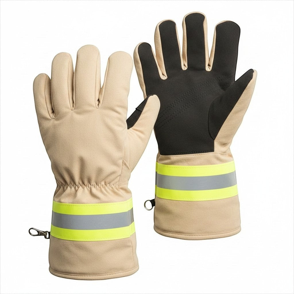 Guantes de bombero estructurales GERF SAFETY color khaki con palma negra, dorso de aramida acolchado y bandas reflectantes.