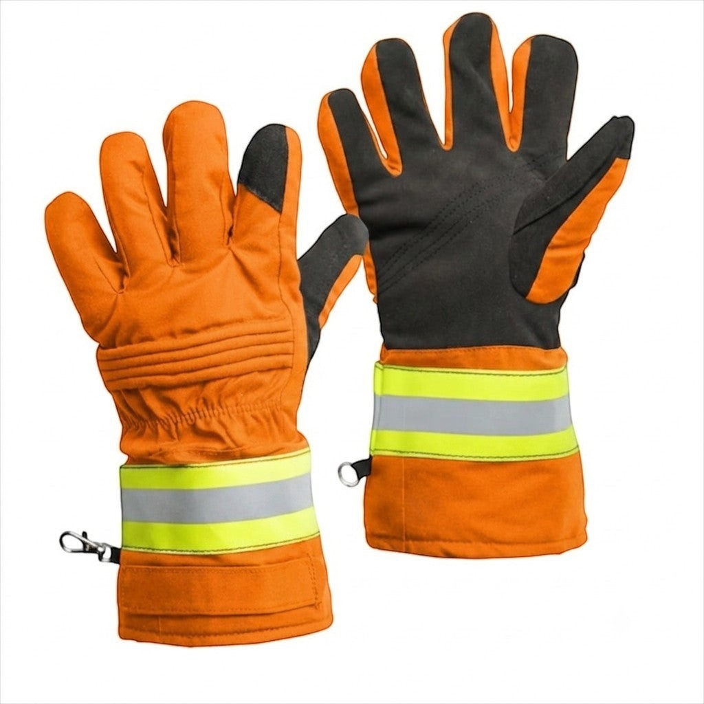 Guantes de bombero GERF SAFETY naranjas con palma de cuero negro, dorso de aramida acolchado y bandas reflectantes.