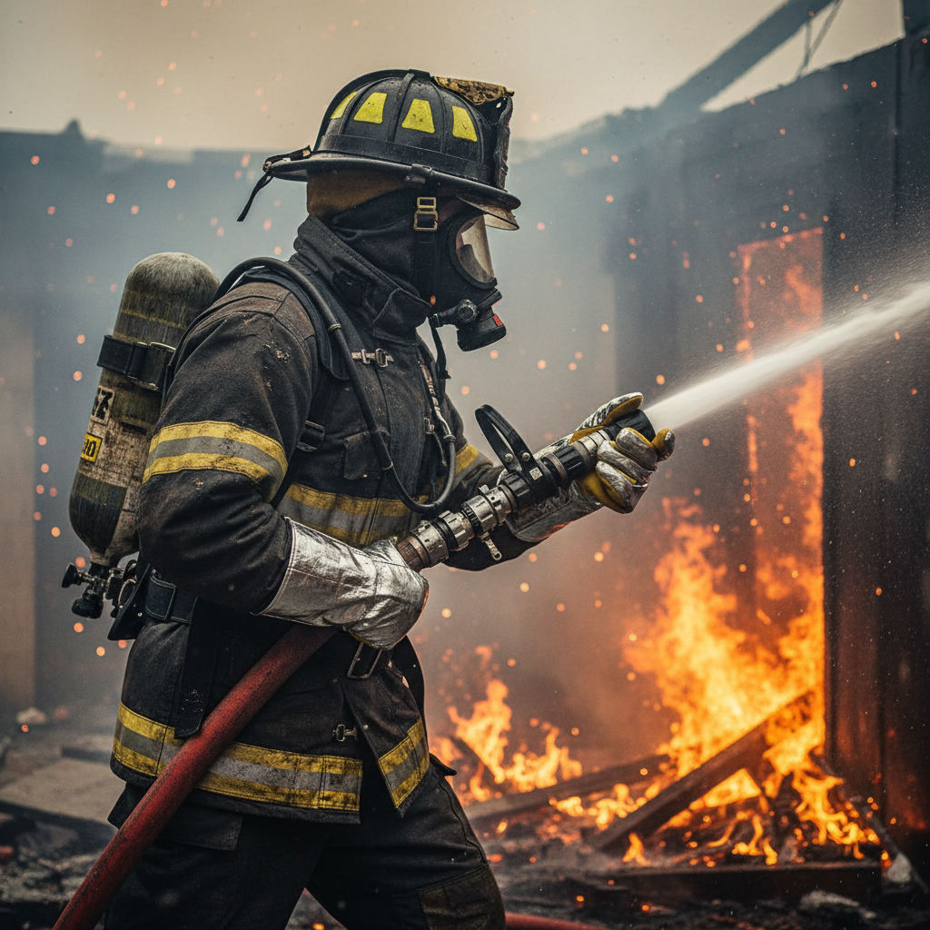 Bombero con guantes GERF SAFETY de aramida y aluminio resistentes a 500 grados apagando un incendio industrial