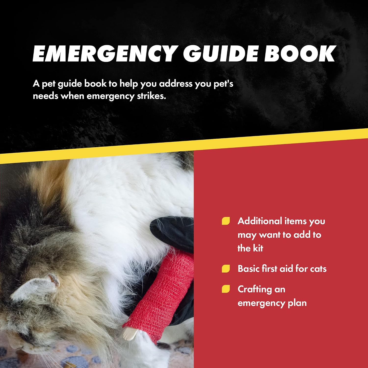 Guía de emergencia GERF SAFETY para gatos mostrando primeros auxilios con vendaje en la pata de un gato