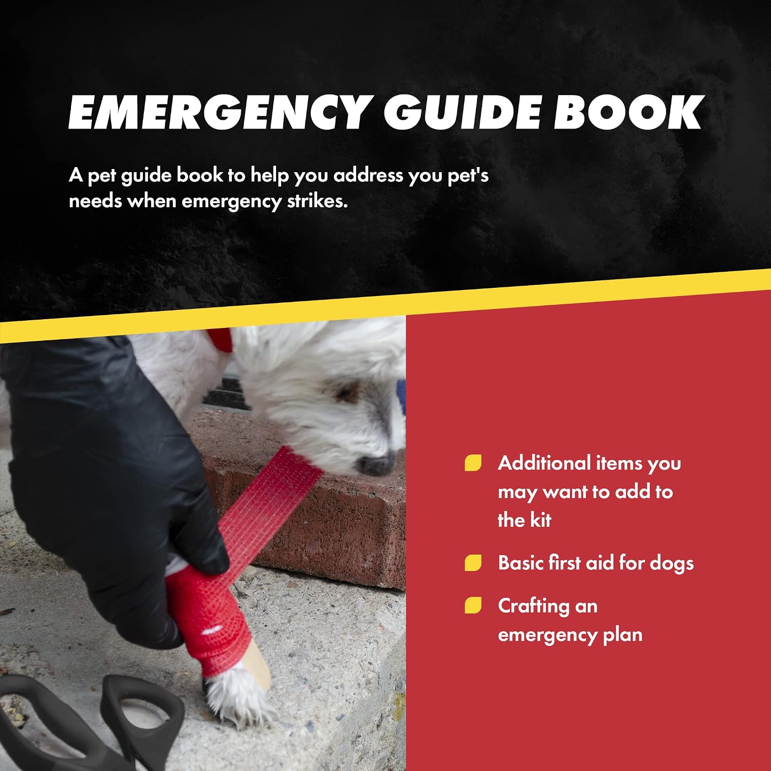 Guía de emergencia GERF SAFETY para perros, mostrando primeros auxilios y vendaje en la pata de un perro pequeño.