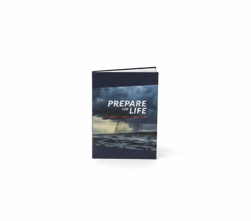 Guía de preparación para emergencias GERF SAFETY con portada de tormenta sobre el mar para kit de supervivencia