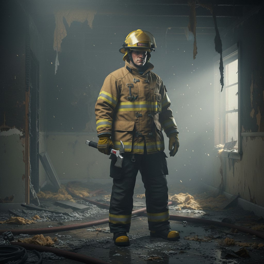 Bombero con equipo de protección GERF SAFETY sosteniendo una hacha de cintura de acero de tungsteno en una escena