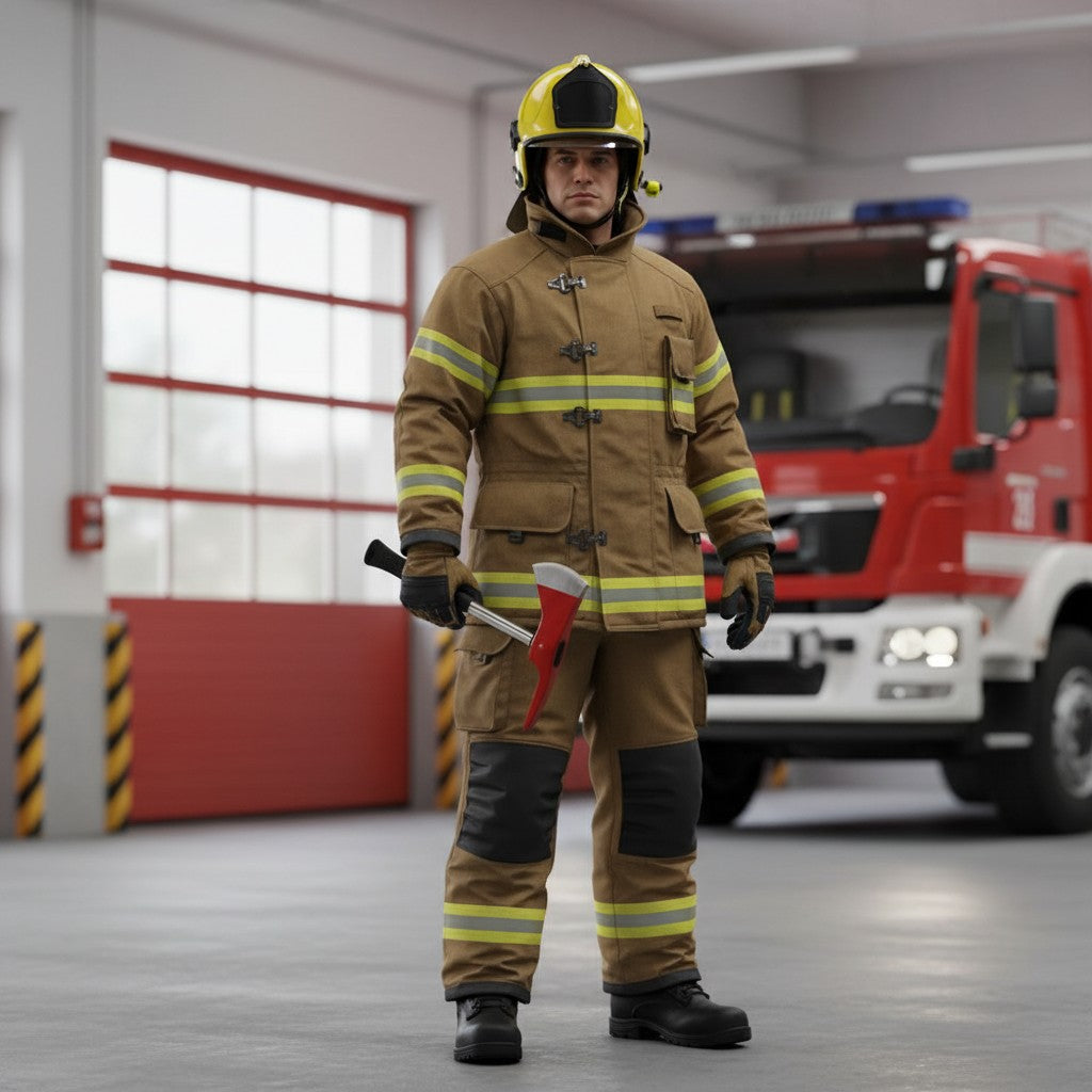 Bombero con equipo de protección sosteniendo hacha de cinturón GERF SAFETY roja de acero inoxidable en estación