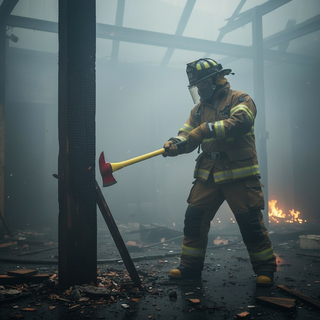 Bombero con equipo de protección GERF SAFETY usando hacha de fibra de vidrio amarilla en una estructura en llamas