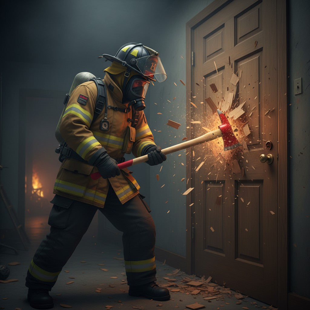 Bombero GERF SAFETY usando hacha de acero al carbono con mango de madera de sauce para romper una puerta de madera
