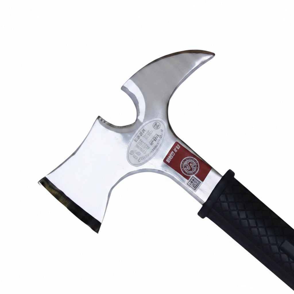 Hacha de cinturón GERF SAFETY de acero de tungsteno plateado con mango negro antideslizante para bomberos