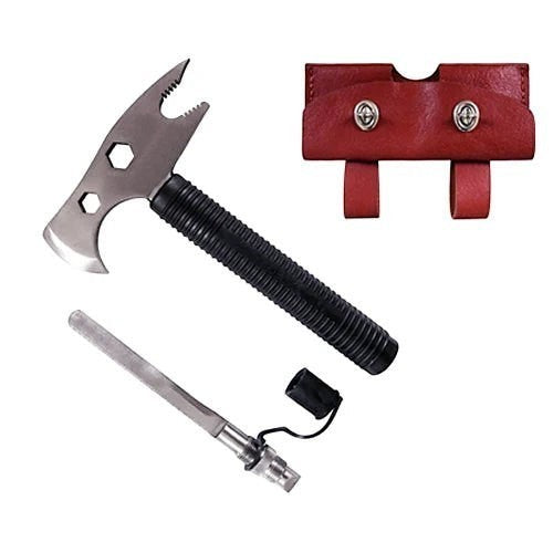 Hacha multifuncional GERF SAFETY de acero de tungsteno con mango antideslizante, accesorios y funda de transporte roja.