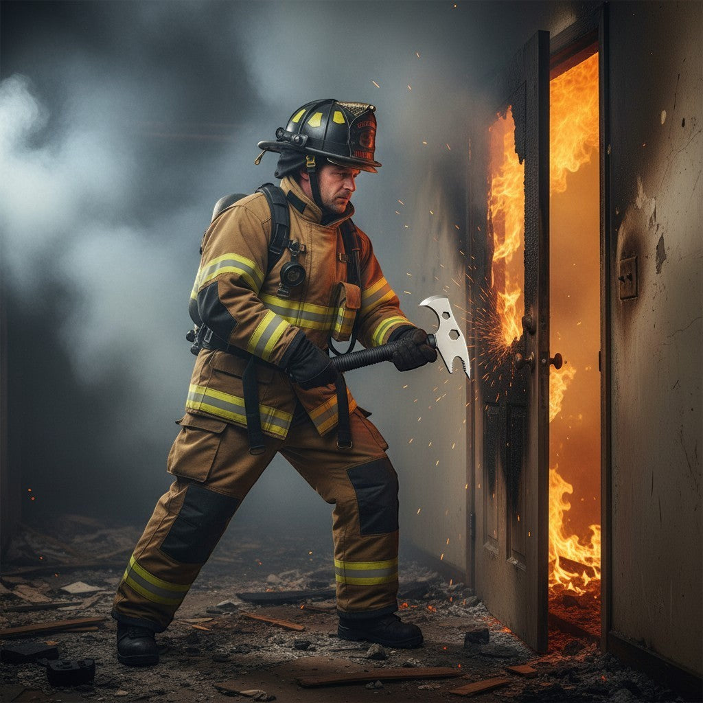 Bombero con equipo de protección usando hacha multifuncional GERF SAFETY de acero de tungsteno en una emergencia
