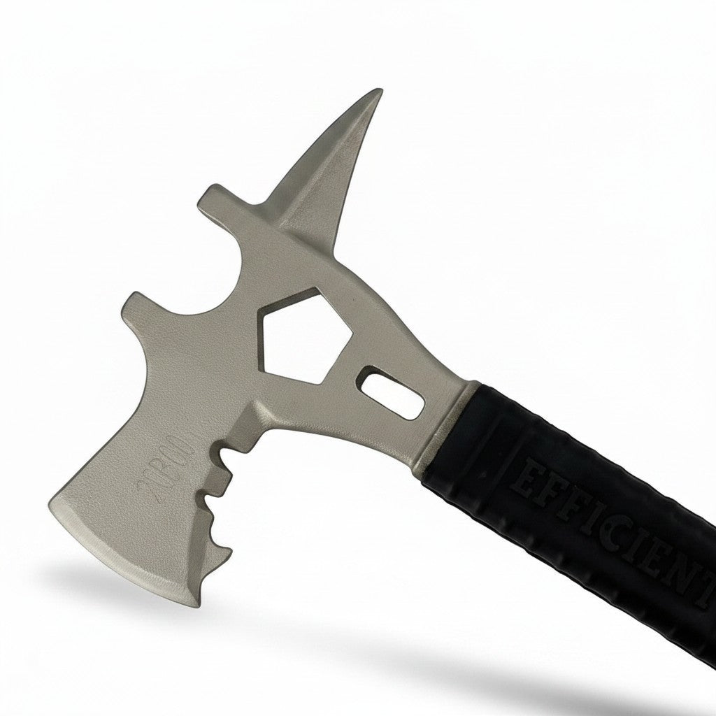 Hacha multifuncional GERF SAFETY de acero plateado con mango ergonómico negro para rescate y bomberos