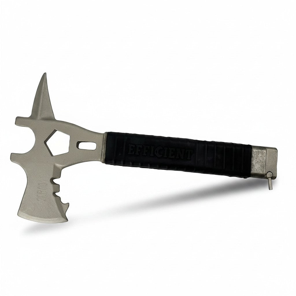 Hacha multifuncional GERF SAFETY de acero plateado con mango negro, diseñada para rescate y bomberos.