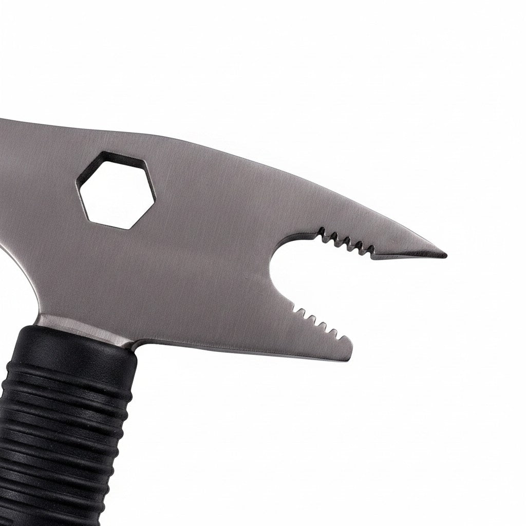 Detalle de la cabeza de acero de tungsteno del hacha multifuncional GERF SAFETY con sierra y llave hexagonal integrada
