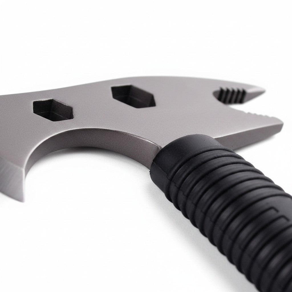 Hacha multifuncional GERF SAFETY de acero de tungsteno plateado con mango de goma antideslizante negro