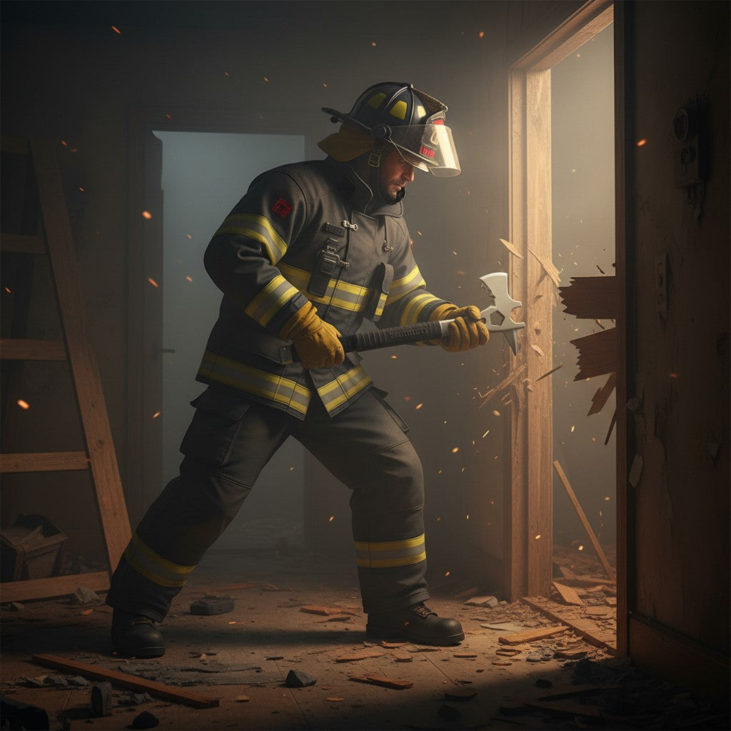 Bombero con equipo de protección GERF SAFETY usando hacha multifuncional de acero para romper una puerta de madera