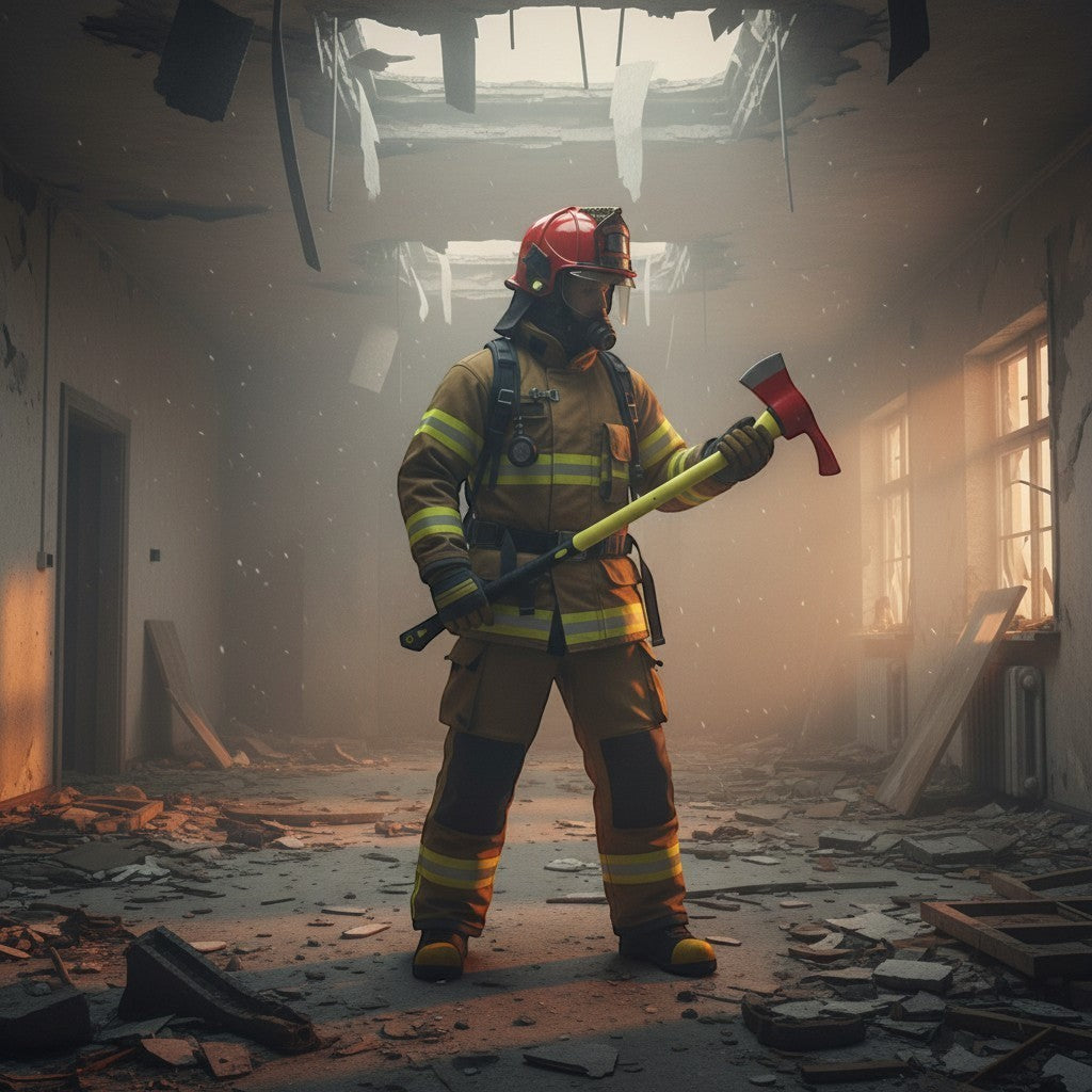 Bombero con equipo de protección sosteniendo un hacha Pulaski GERF SAFETY con mango de fibra de vidrio en edificio