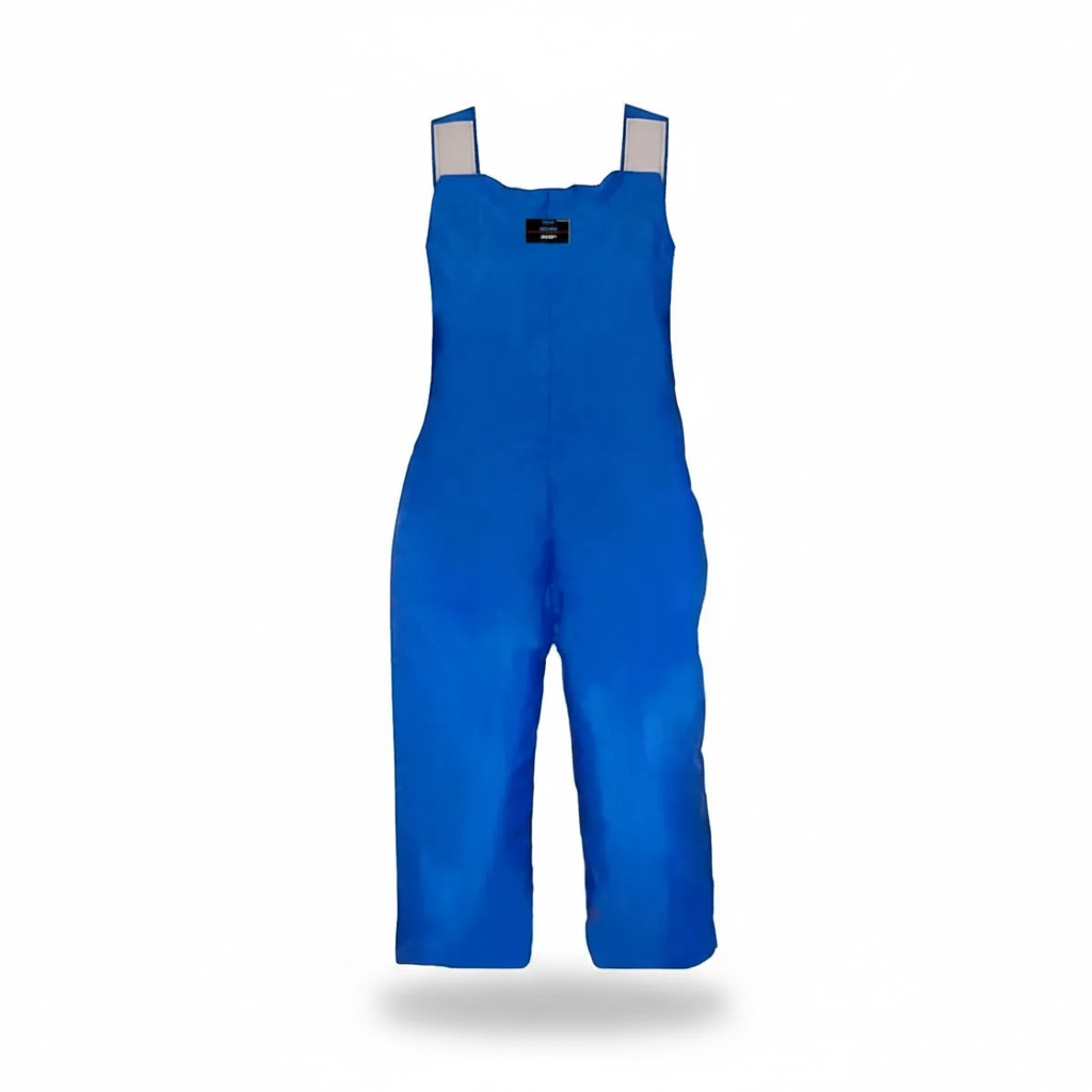 Jardinera criogénica azul GERF SAFETY con tirantes ajustables, diseñada para protección contra frío extremo y líquidos.